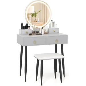 imageVanity Desk with Mirror and Lights Dressing Table with Padded Stool 3Color Light Brightness Adjustment 4 Storage Drawers Makeup Vanity Set for Small Space Bedroom White ampamp GoldBlack  Gray