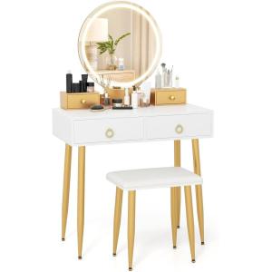 imageVanity Desk with Mirror and Lights Dressing Table with Padded Stool 3Color Light Brightness Adjustment 4 Storage Drawers Makeup Vanity Set for Small Space Bedroom White ampamp GoldWhite  Gold