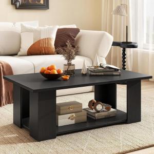 imageWooden Coffee Table with Storage Shelf 41L Rectangle Tea Table with Thicker Legs 2Tier Center Table for Living Room Reception Room Home Office Bedroom Balcony Rustic BrownBlack