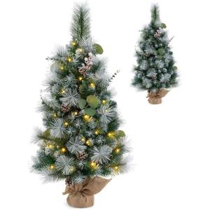 imageTabletop Artificial Christmas Tree PreLit Mini Xmas Tree with 20 Warm White LED Lights 8 Modes Flocked PVC Pine Needles with White Berries Holiday Decoration for Home GreenSnow Flocked