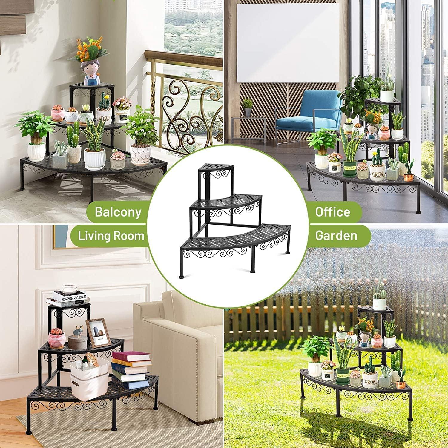 imageGRAFFY Metal Corner Plant Stand 3Tier Plant Ladder Shelf Quarter Round Plant Display Holder for Indoor Outdoor Storage Shelf Multiple Flower Rack for Yard Garden Patio Balcony