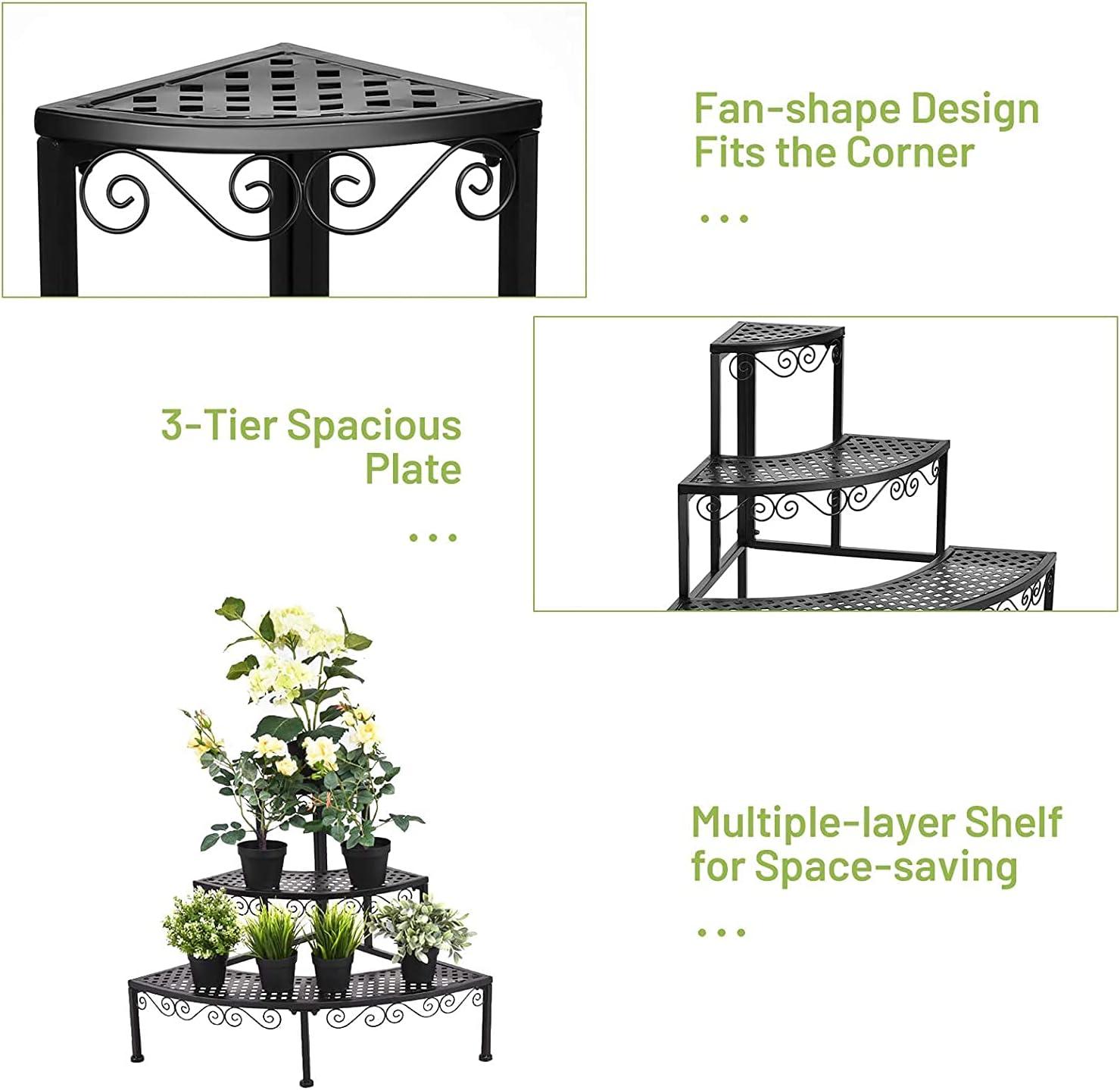 imageGRAFFY Metal Corner Plant Stand 3Tier Plant Ladder Shelf Quarter Round Plant Display Holder for Indoor Outdoor Storage Shelf Multiple Flower Rack for Yard Garden Patio Balcony