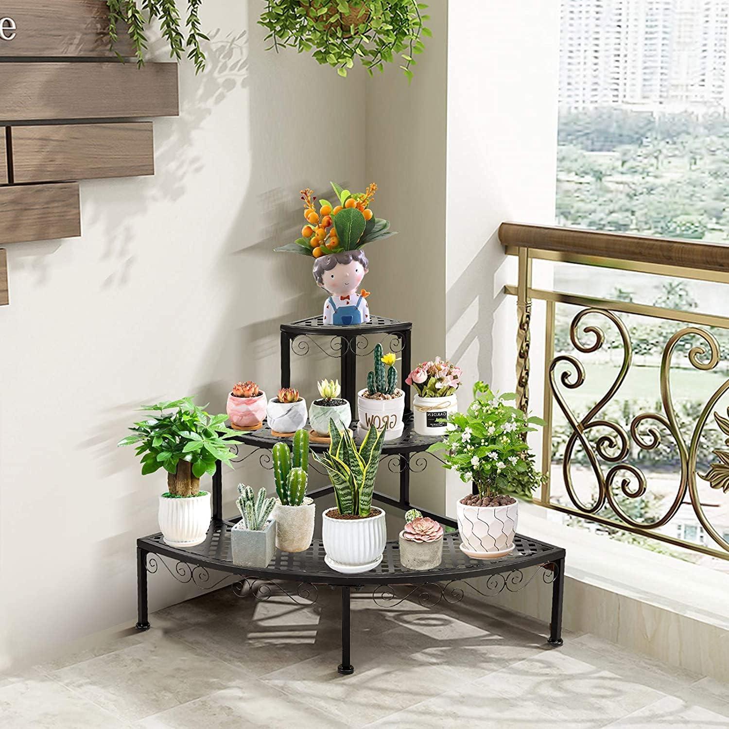 imageGRAFFY Metal Corner Plant Stand 3Tier Plant Ladder Shelf Quarter Round Plant Display Holder for Indoor Outdoor Storage Shelf Multiple Flower Rack for Yard Garden Patio Balcony