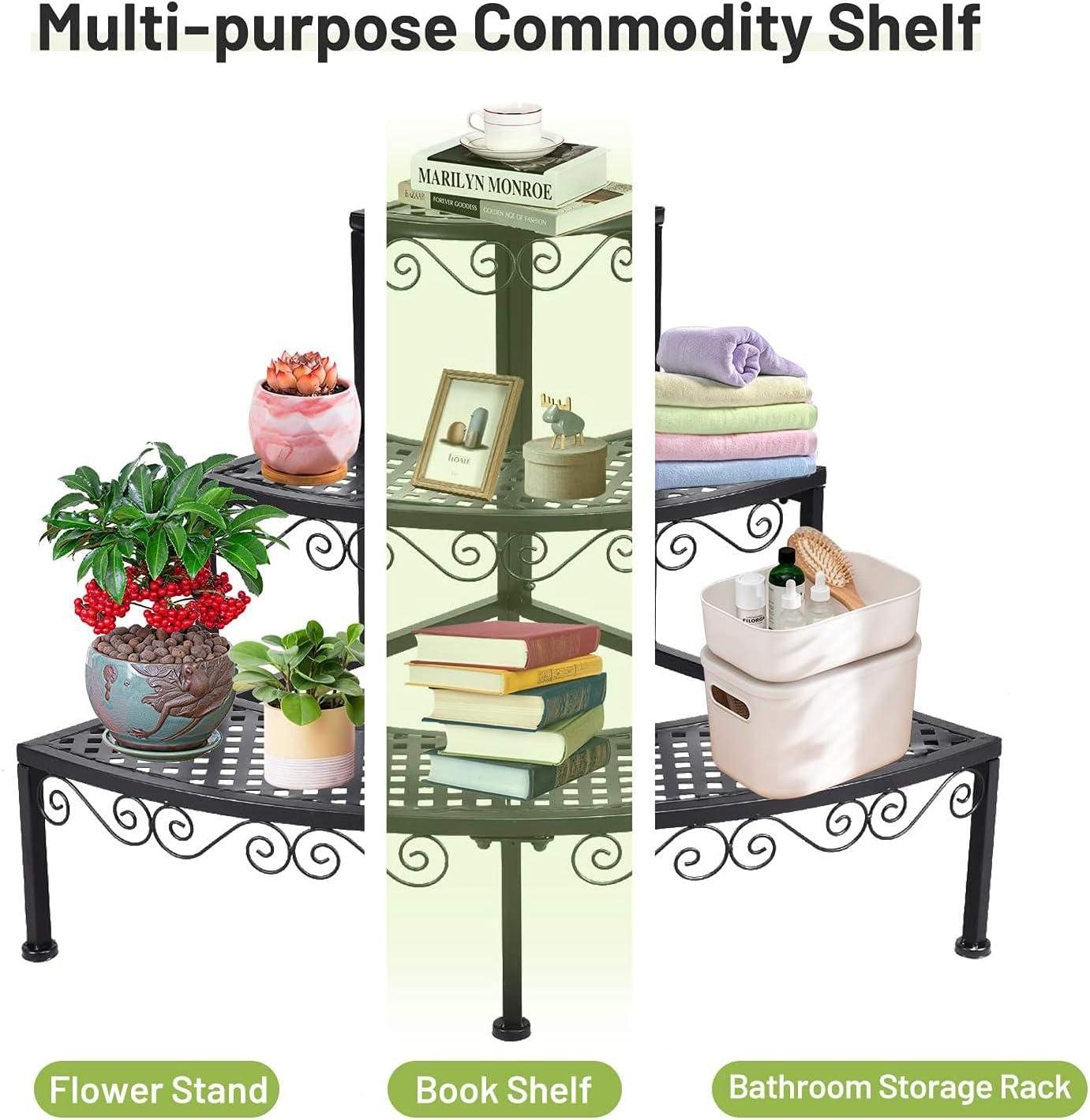 imageGRAFFY Metal Corner Plant Stand 3Tier Plant Ladder Shelf Quarter Round Plant Display Holder for Indoor Outdoor Storage Shelf Multiple Flower Rack for Yard Garden Patio Balcony