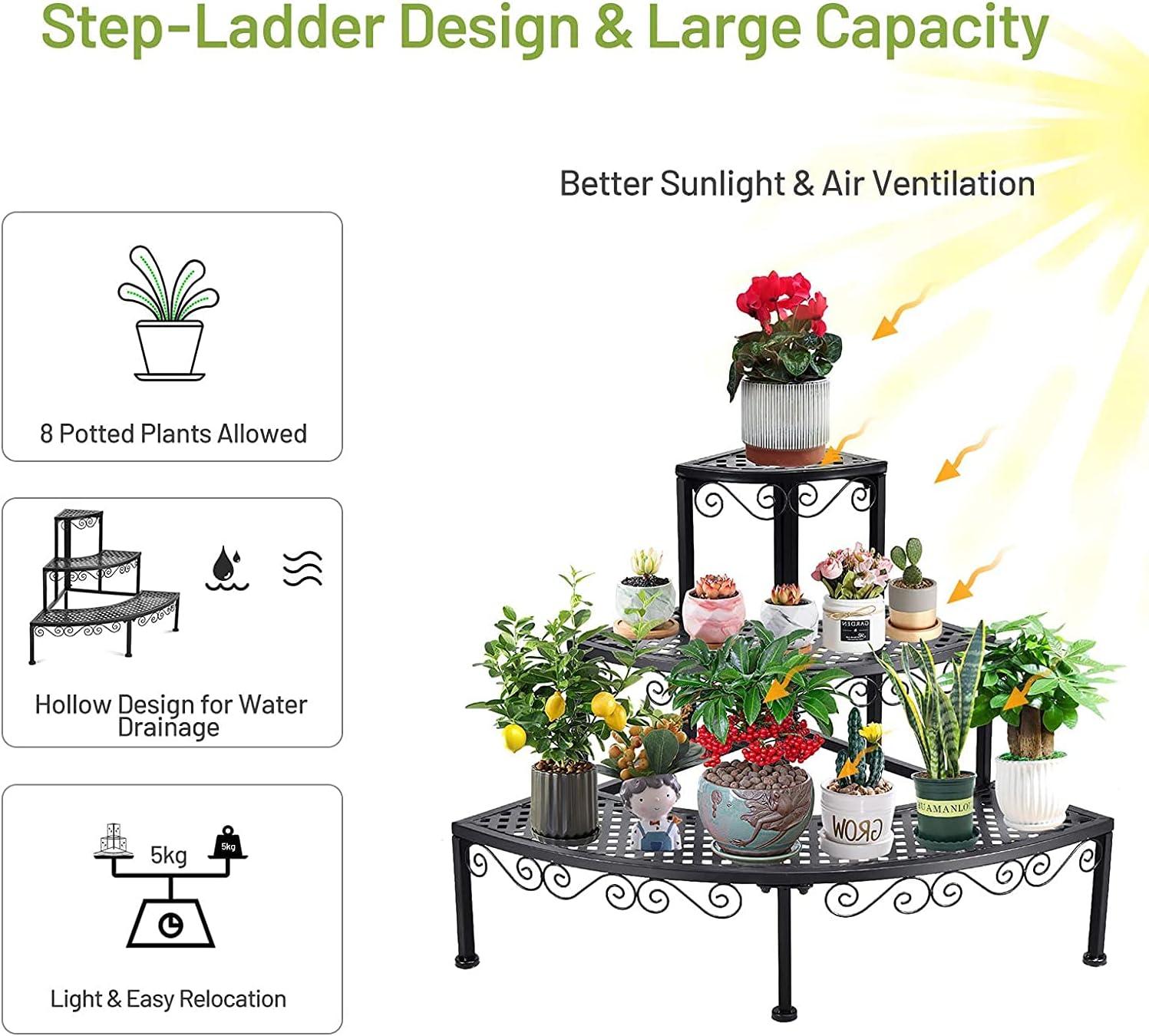 imageGRAFFY Metal Corner Plant Stand 3Tier Plant Ladder Shelf Quarter Round Plant Display Holder for Indoor Outdoor Storage Shelf Multiple Flower Rack for Yard Garden Patio Balcony